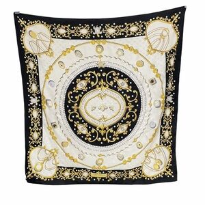 Vintage 90s Joan Rivers Classics Collection Silk Scarf Black Gold Baroque Print